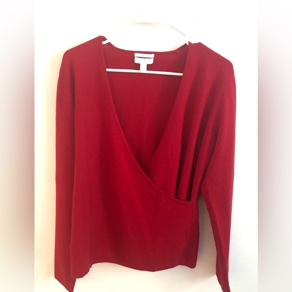 Charter Club Red Cashmere Wrap Sweater V Neck Large Quiet Luxury Old money Soft